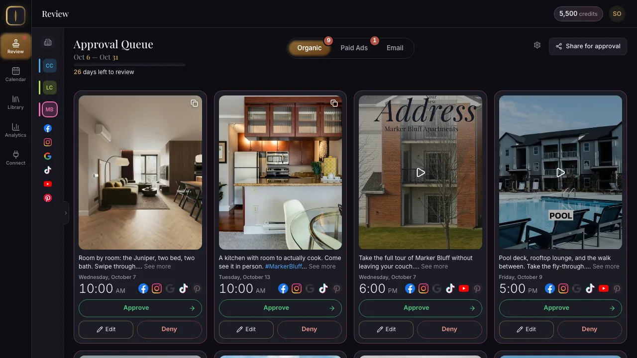 A week of drafted apartment posts across Instagram, Facebook, TikTok, YouTube, Pinterest and Google, each waiting for approval
