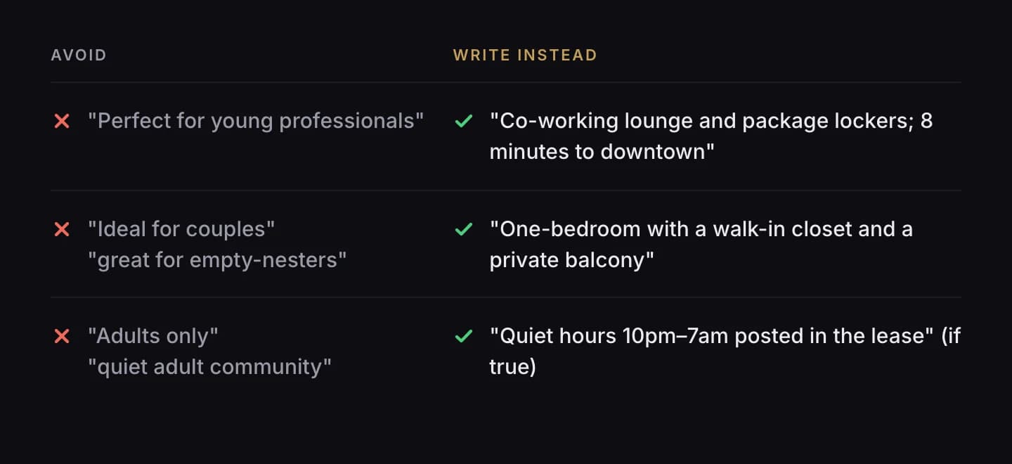 Three risky apartment ad phrases next to rewrites that describe the home instead of the person