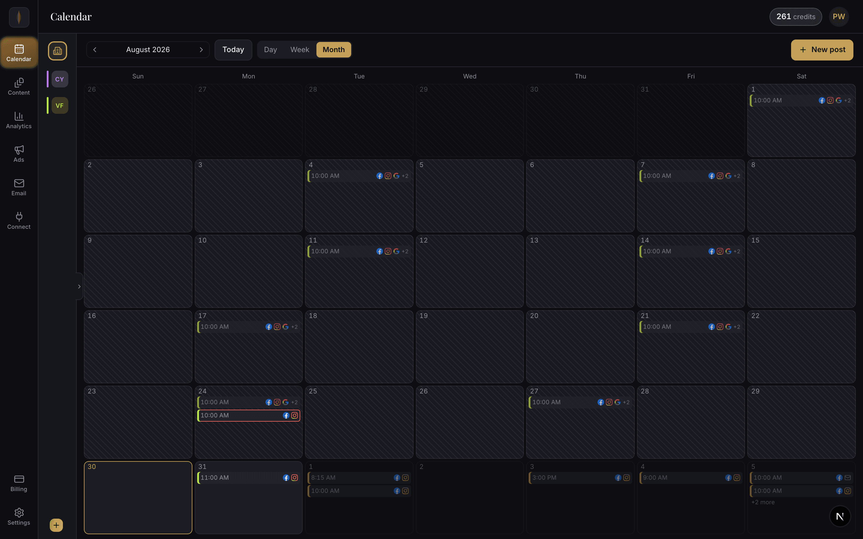 The product's month calendar, with each day's scheduled posts and their platforms